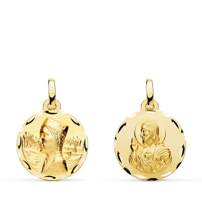 18K Scapular of the Virgin of Montserrat and the Heart of Jesus Carved 16 mm