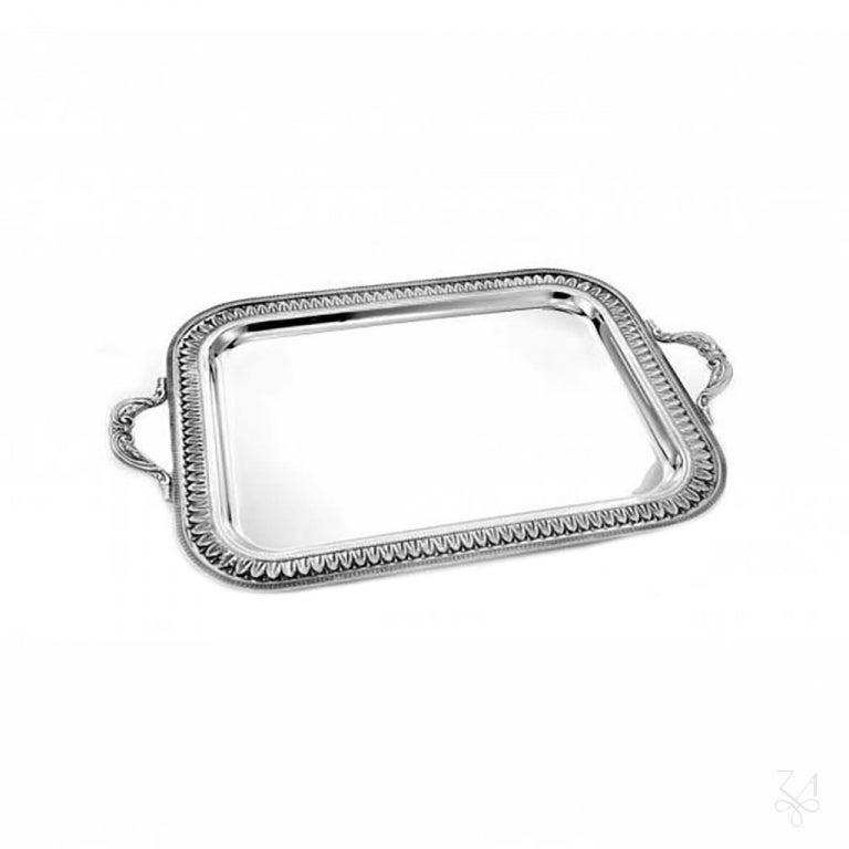 Bandeja rectangular Imperio Perlinato de plata de ley 925 con borde de gallones y asas