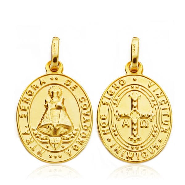 18K Medalla Escapulario Virgen Covadonga Y Cruz De La Victoria 20x14 mm