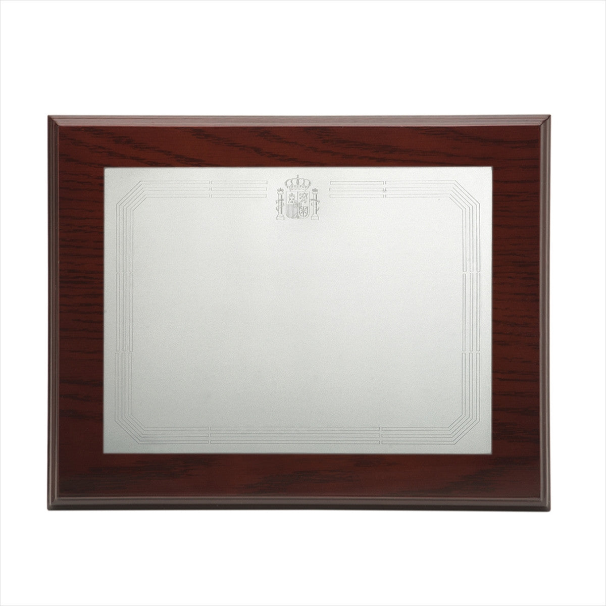Placa conmemorativa con escudo sobre base de madera con estuche