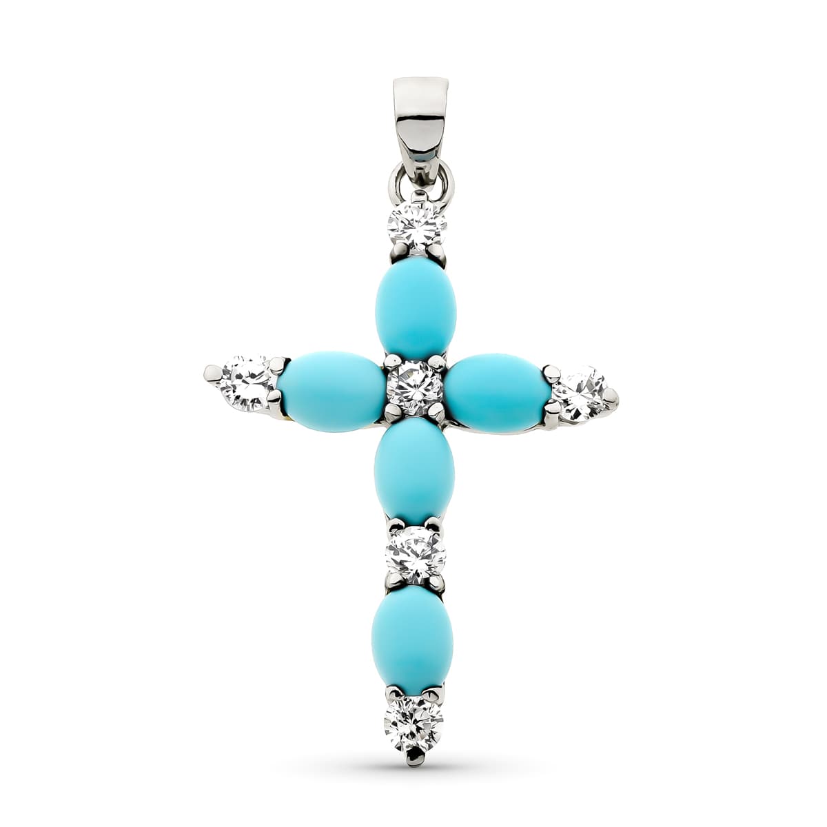 18K White Gold Cross Turquoise and Zirconia 40x26 mm