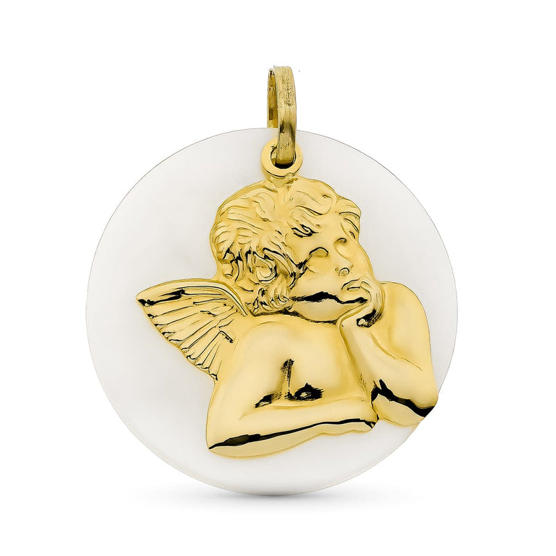 18K Yellow Gold Pendant Angel Mother of Pearl 27 mm