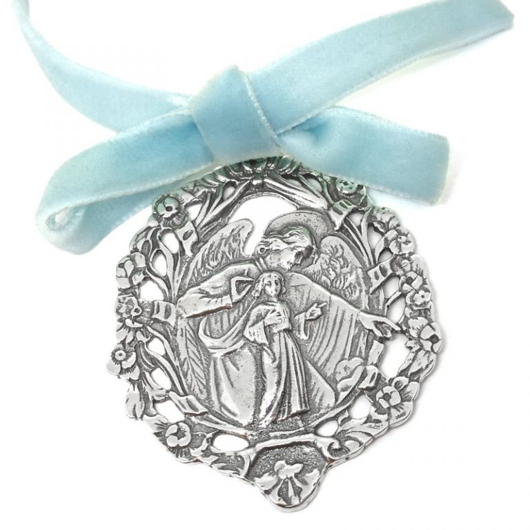Silver Crib Medal with Openwork Guardian Angel 