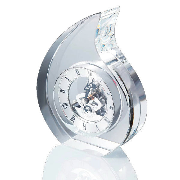 Reloj de sobremesa de cristal en forma de lágrima con maquinaria esqueleto