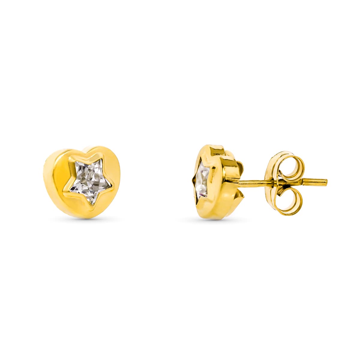 18K Pendientes Oro Amarillo Corazon Circonitas 8X7 mm Cierre Presion