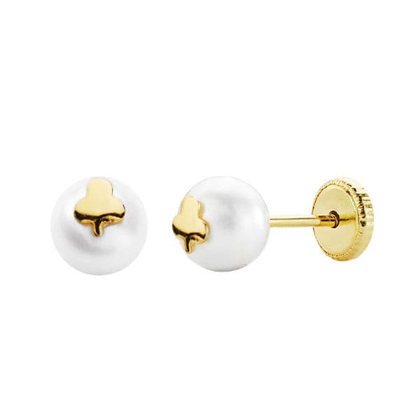18K Yellow Gold Clover and Pearl 6 mm Screw Earrings