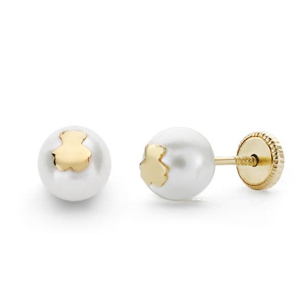 18K Yellow Gold Earrings Pearl and Bear. 6 mm screw