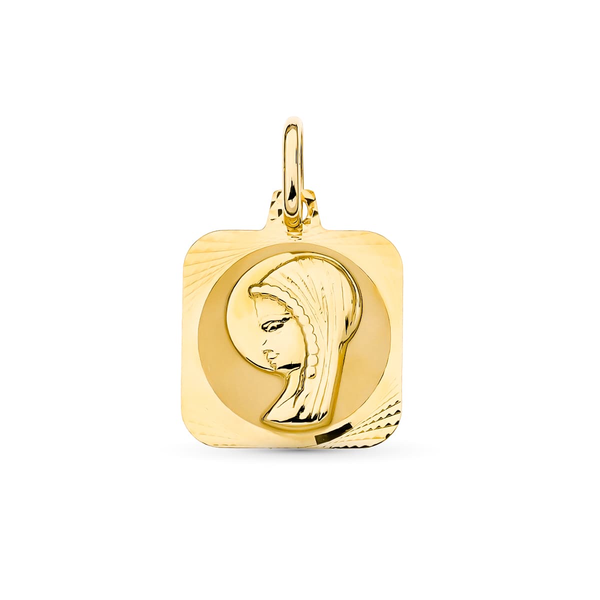 18K Yellow Gold Medal Virgin Girl Square. 16x13 mm
