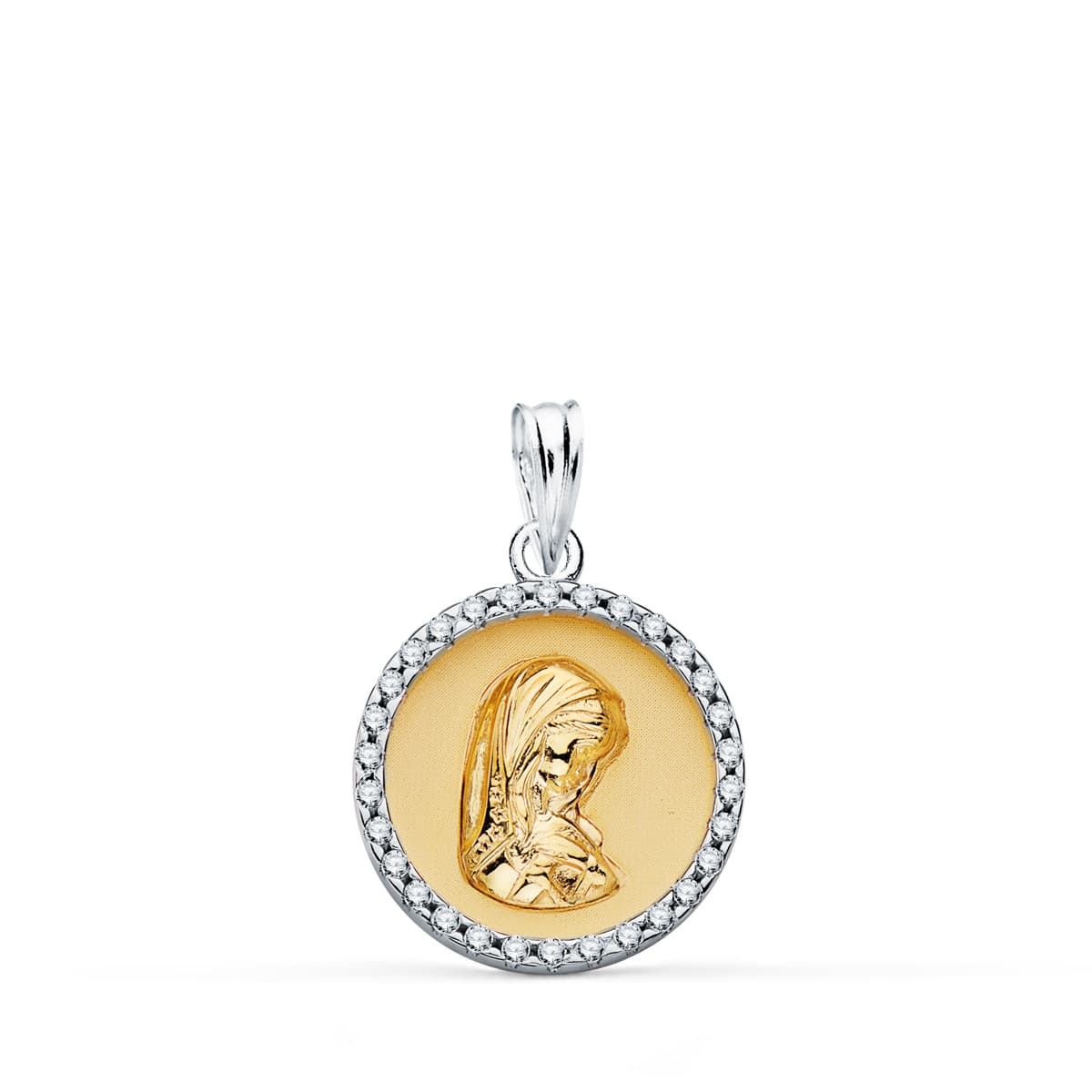 18K Round Pendant Bicolor Gold Virgin Girl With Frame And Zirconia 16 mm