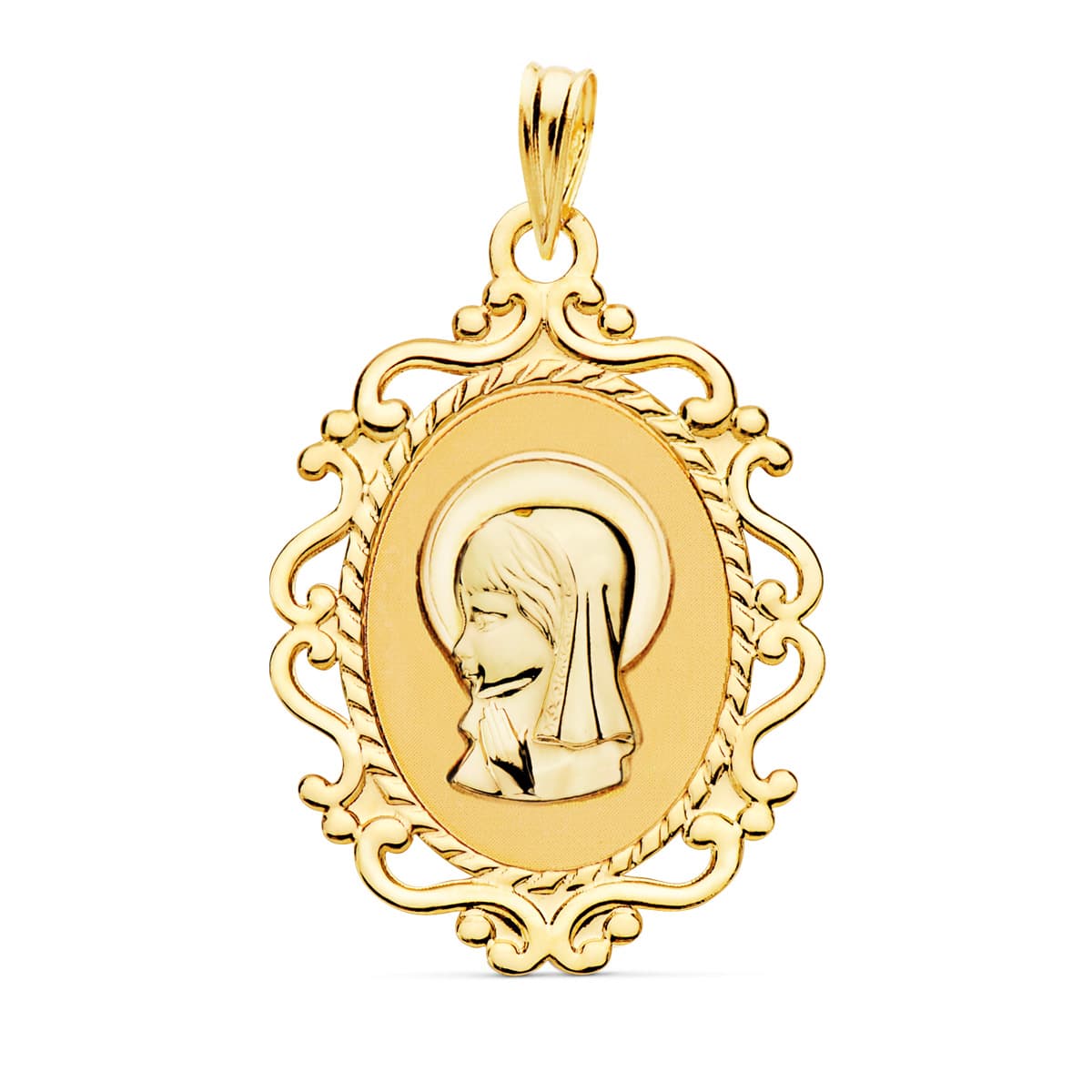 Médaille 18K Vierge Enfant Profil Cercle Découpé Brillant 23 x 16 mm
