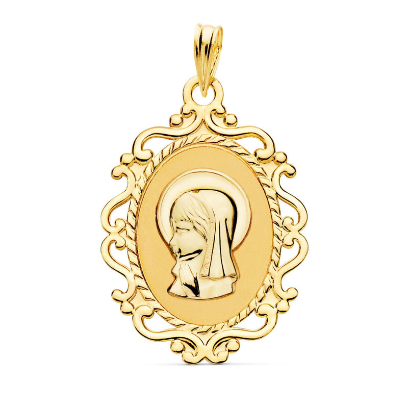 18K Medal Virgin Girl Profile Openwork Frame Shine. 23 X 16 Mm