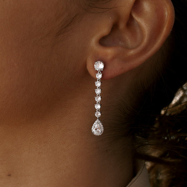 Elegant and Linear Long Silver Bridal Earrings