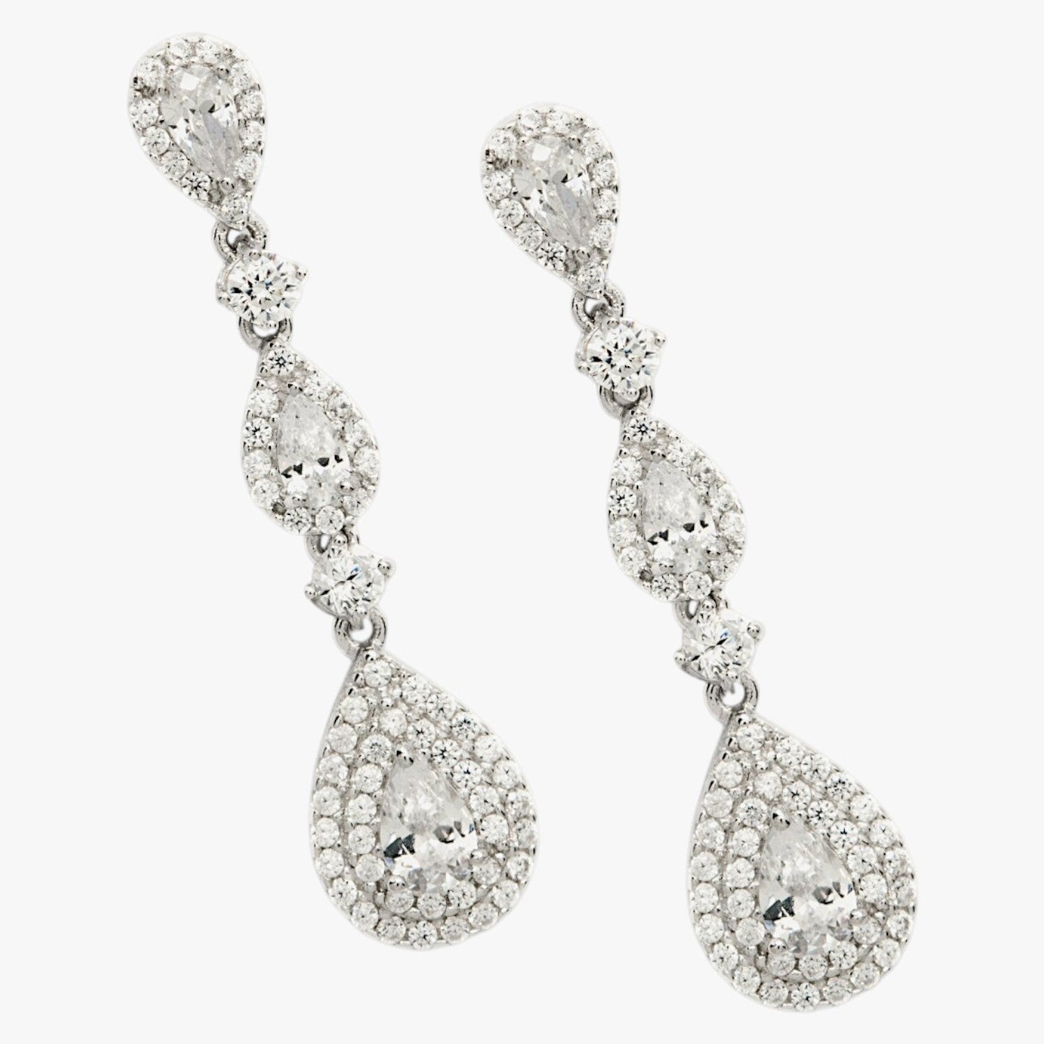 Pendientes largos de novia de plata con circonitas en diferentes tallas