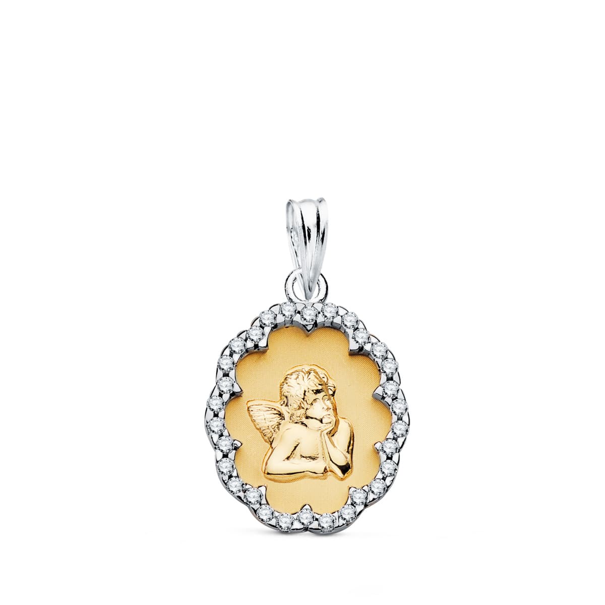 18K Pendant Bicolor Gold Naughty Little Angel With Frame And Zirconia 17x14 mm