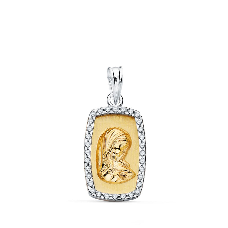 18K Bicolor Gold Virgin Girl Pendant with Frame and Zircons 18x12 mm