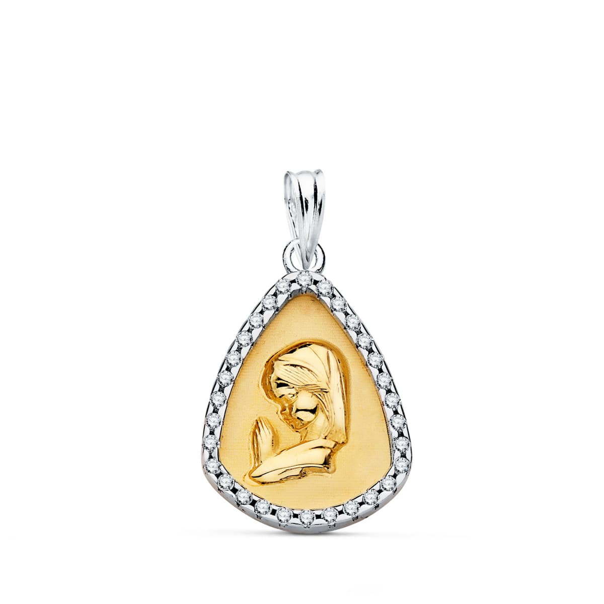 18K Bicolor Gold Pendant Virgin Girl With Frame And Zirconias 18x14 mm