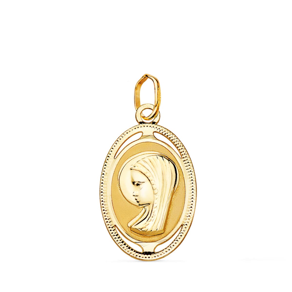 18K Yellow Gold Oval Medal Virgin Girl With Carved And Pierced Border 19x12 mm