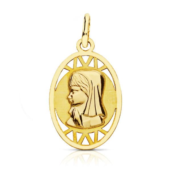 18K Medalla Virgen Niña Oval Calada 20x12 mm