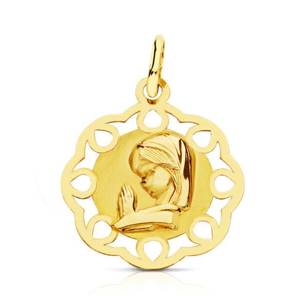18K Medalla Virgen Niña Calada 19x16 mm