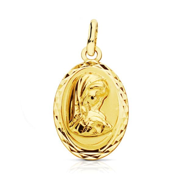 18K Oval Carved Virgin Girl Medal 19x12 mm