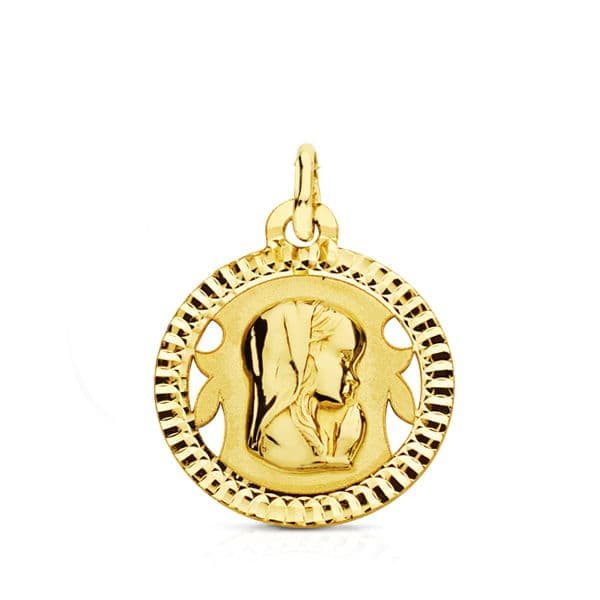 Médaille Vierge Enfant sculptée or jaune 18K 16 mm