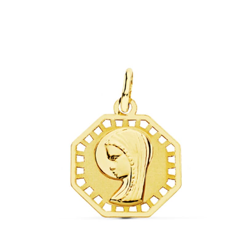 18K Medalla Virgen Niña Calada 17x14 mm