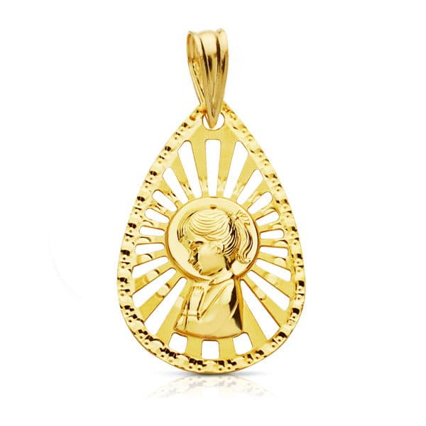 18K Medalla Virgen Niña Cerco Calado 22X19 mm