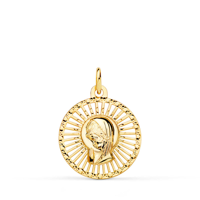 18K Medalla Virgen Niña Cerco Calado 20x18 mm