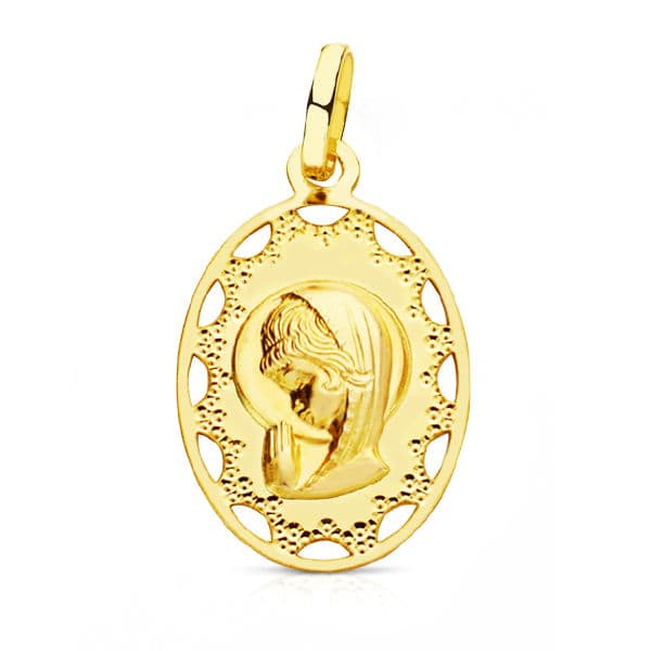 18K Oval Virgin Child Medal Openwork Frame 23x14 mm