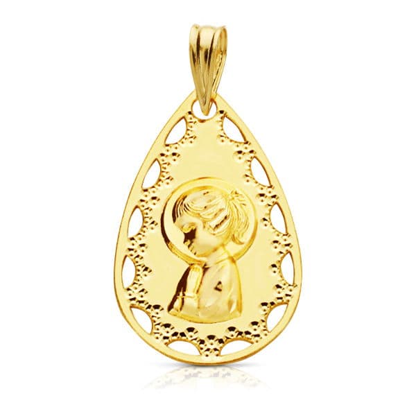 18K Medalla Virgen Niña Calada 22x14 mm