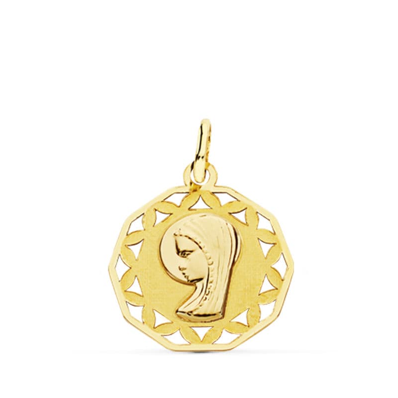 18K Medalla Virgen Niña Calada 18 mm