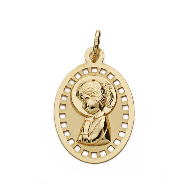 18K Medalla Virgen Niña Calada 23x14 mm