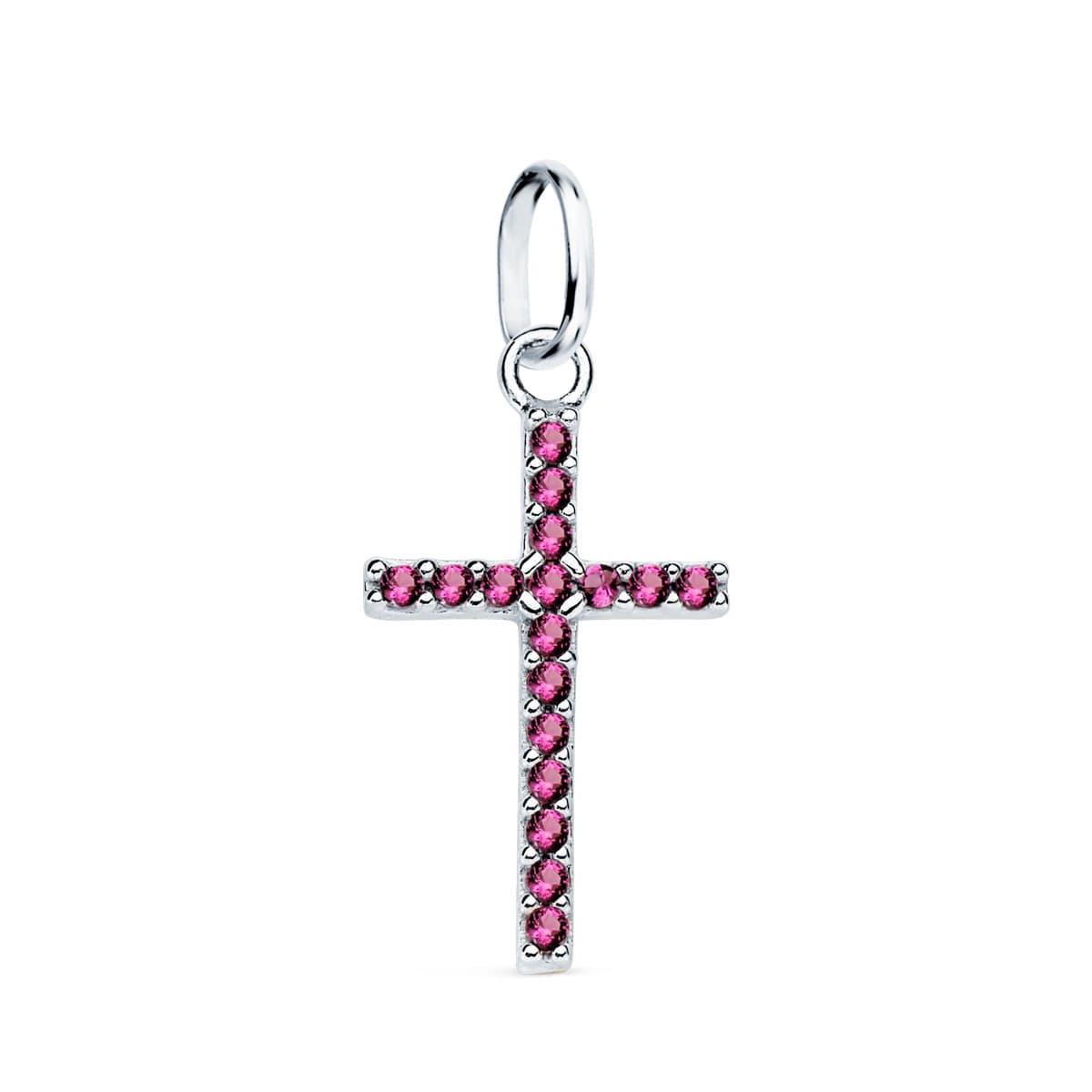 18K Croce Oro Bianco Con Zirconi Ametiste. 16x10 mm