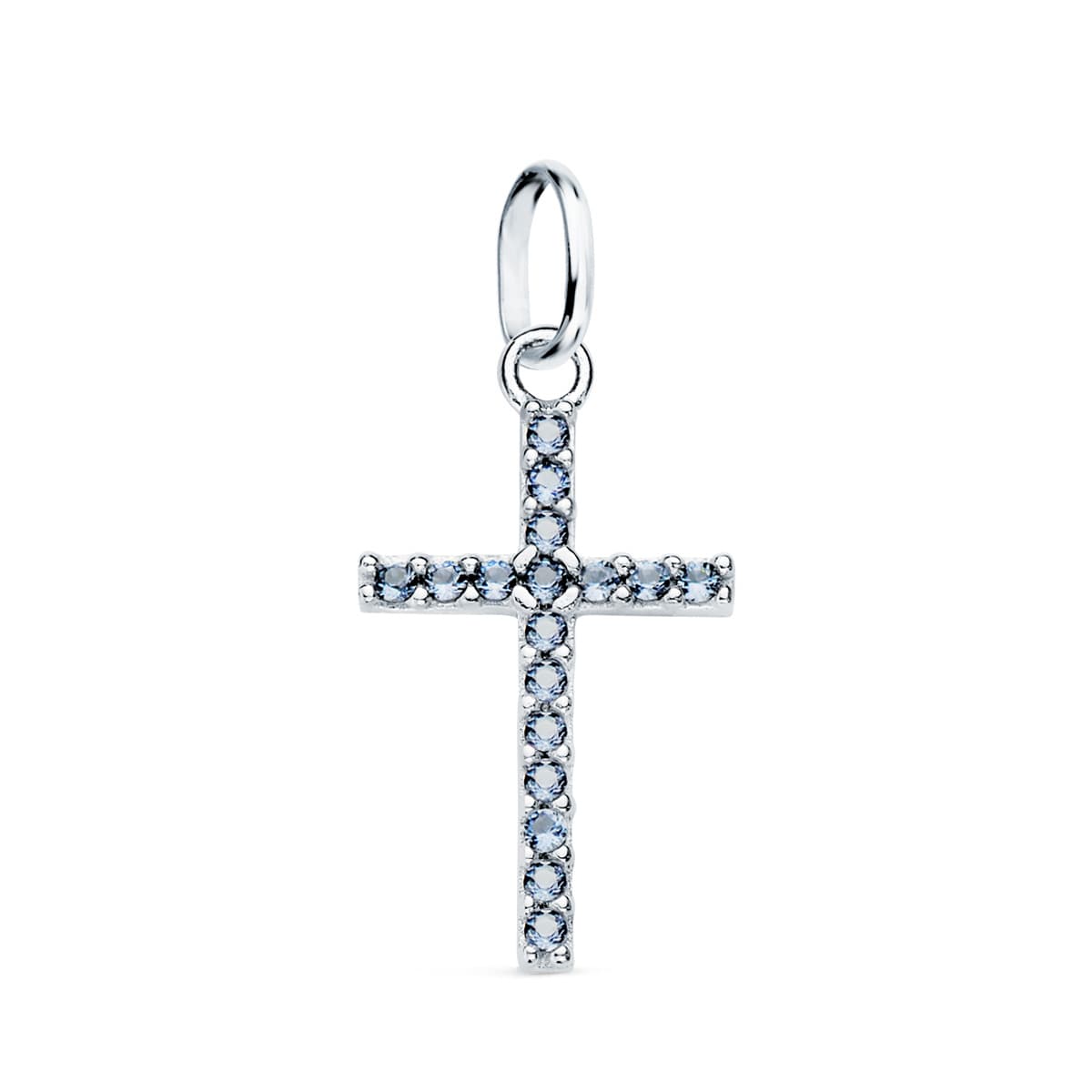 18K Croce Oro Bianco Con Zirconi Blu. 16x10 mm