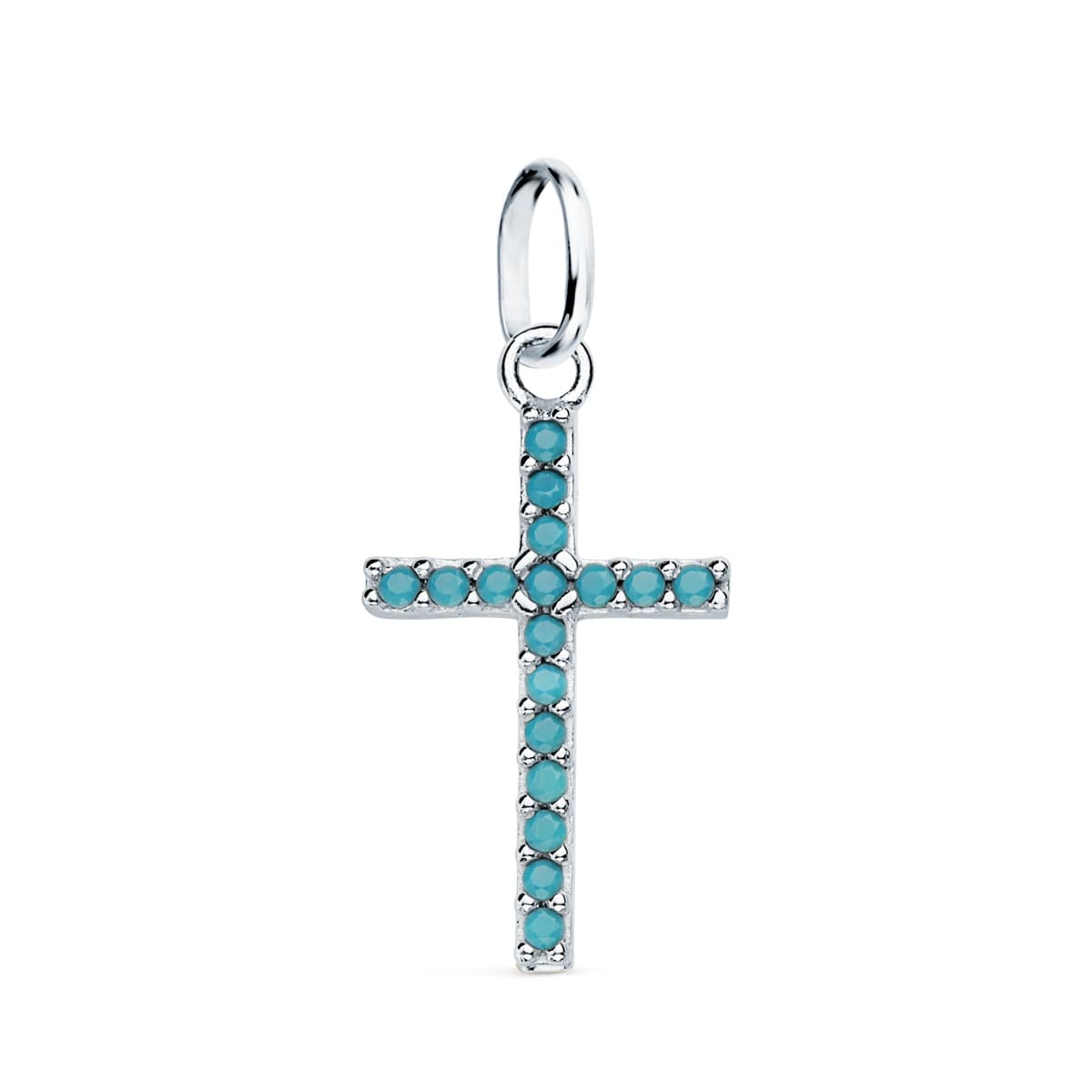 18K White Gold Cross With Turquoise Stones. 16x10 mm