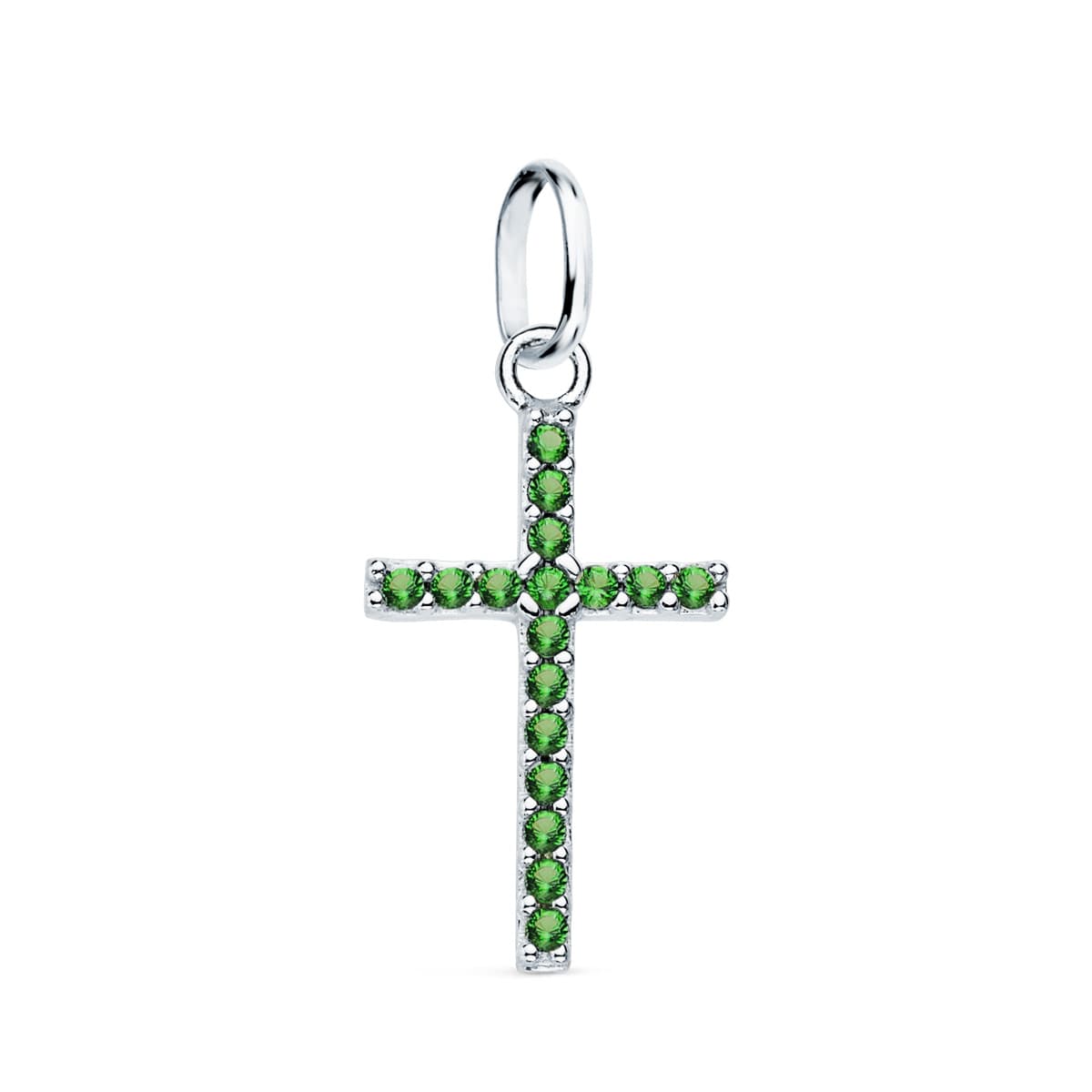 18K White Gold Cross With Green Zirconia. 16x10 mm