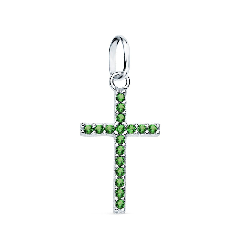 18K White Gold Cross With Green Zircons. 16x10mm