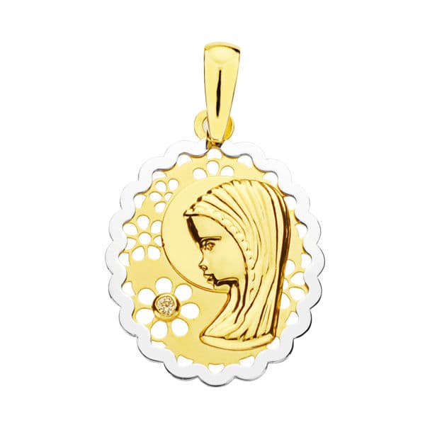 18K Bicolor Virgin Girl Medal Oval 21x16 mm