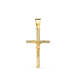 18K Yellow Gold Cross With Christ Hollow Tube 21 x 13 x 3 mm