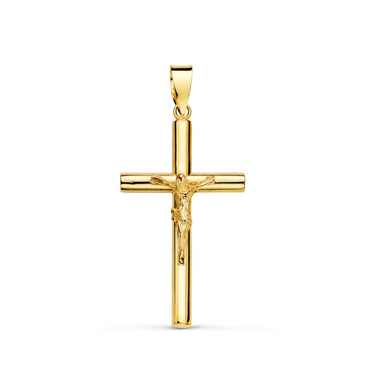 18K Yellow Gold Cross With Christ Hollow Tube. 26 x 15 x 2.5 mm