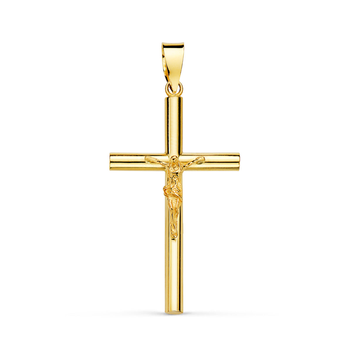 18K Yellow Gold Cross With Hollow Christ Tube 2.2 mm. 29x17 mm