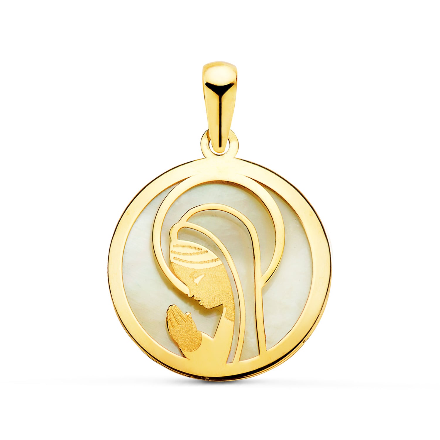18K Medaille Gelbgold Jungfrau Mädchen Perlmutt Rund 17 Mm
