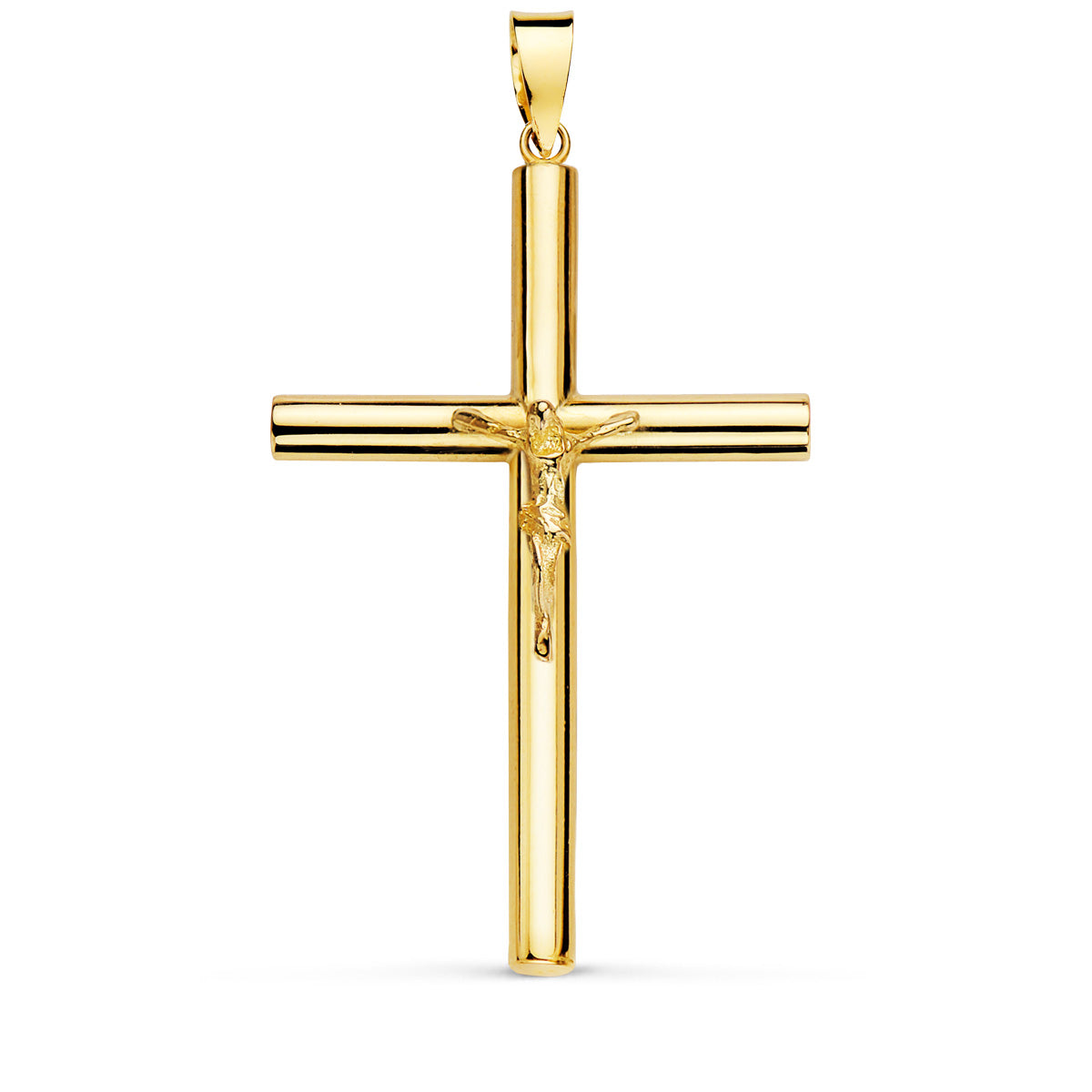 18K Yellow Gold Cross With Christ Hollow Tube. 35 x 23 x 3 mm