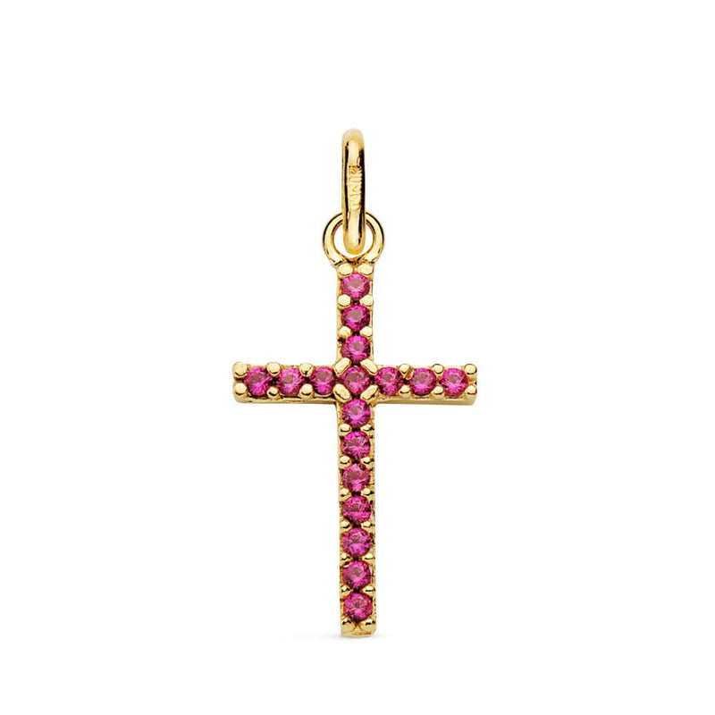 18K Cruz Oro Amarillo Piedras Rojas 16x10 mm
