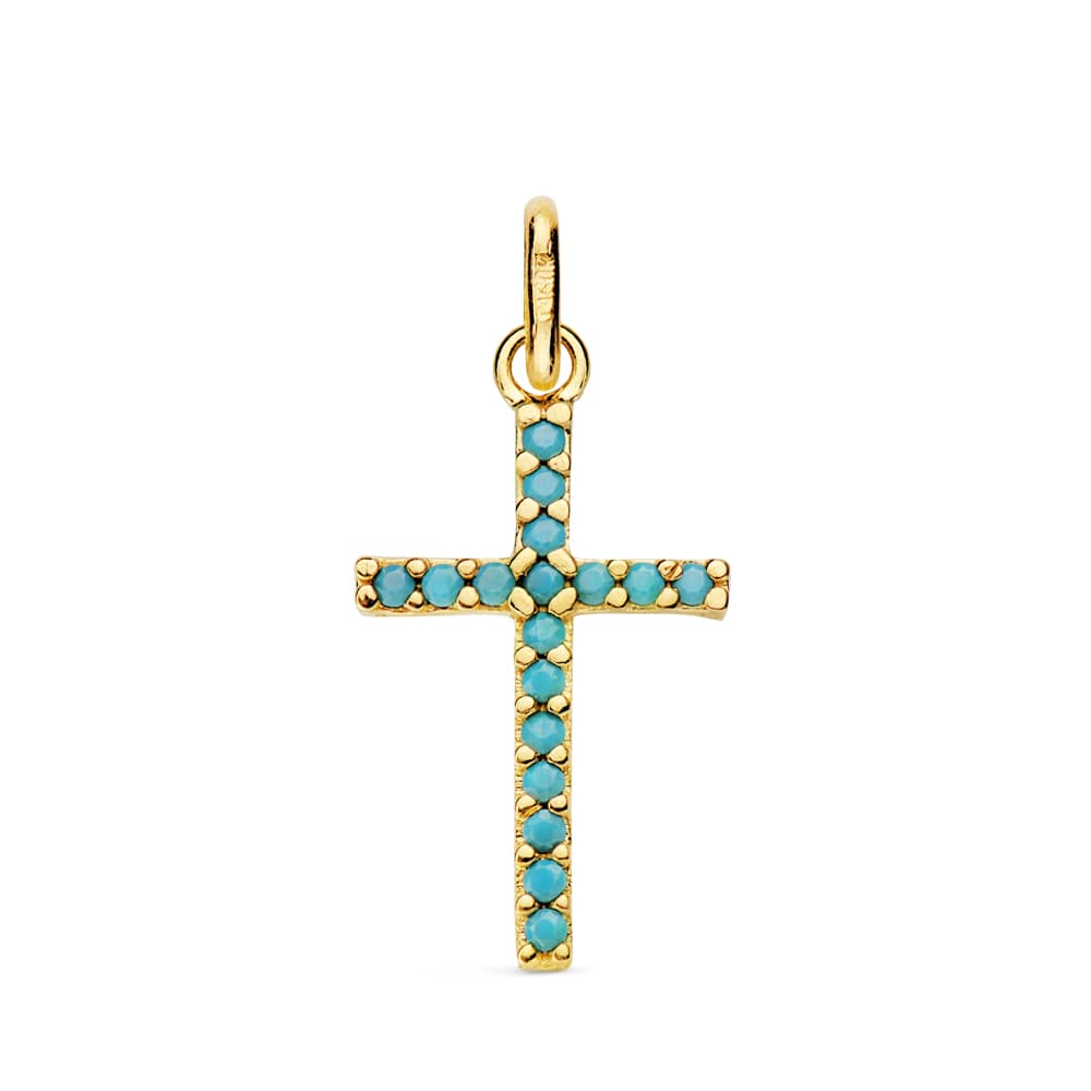 18K Yellow Gold Cross Turquoise Stones 16x10 mm