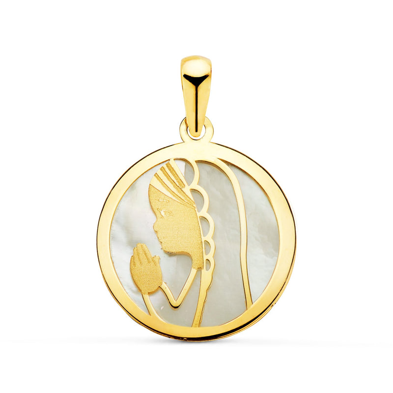 18K Yellow Gold Medal Virgin Girl Mother of Pearl Round 17 Mm