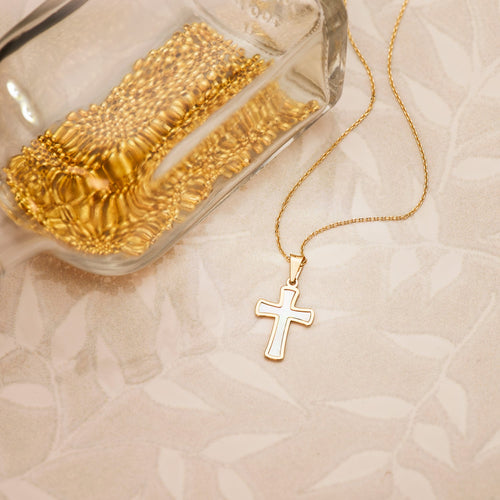 18K Yellow Gold Cross With Mother of Pearl 18 x 12 mm