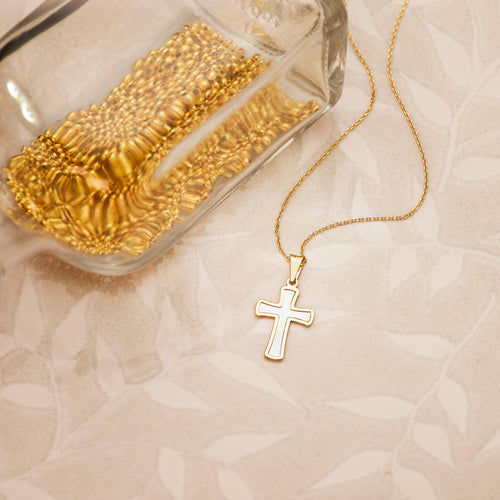 18K Yellow Gold Cross With Mother of Pearl 18 x 12 mm