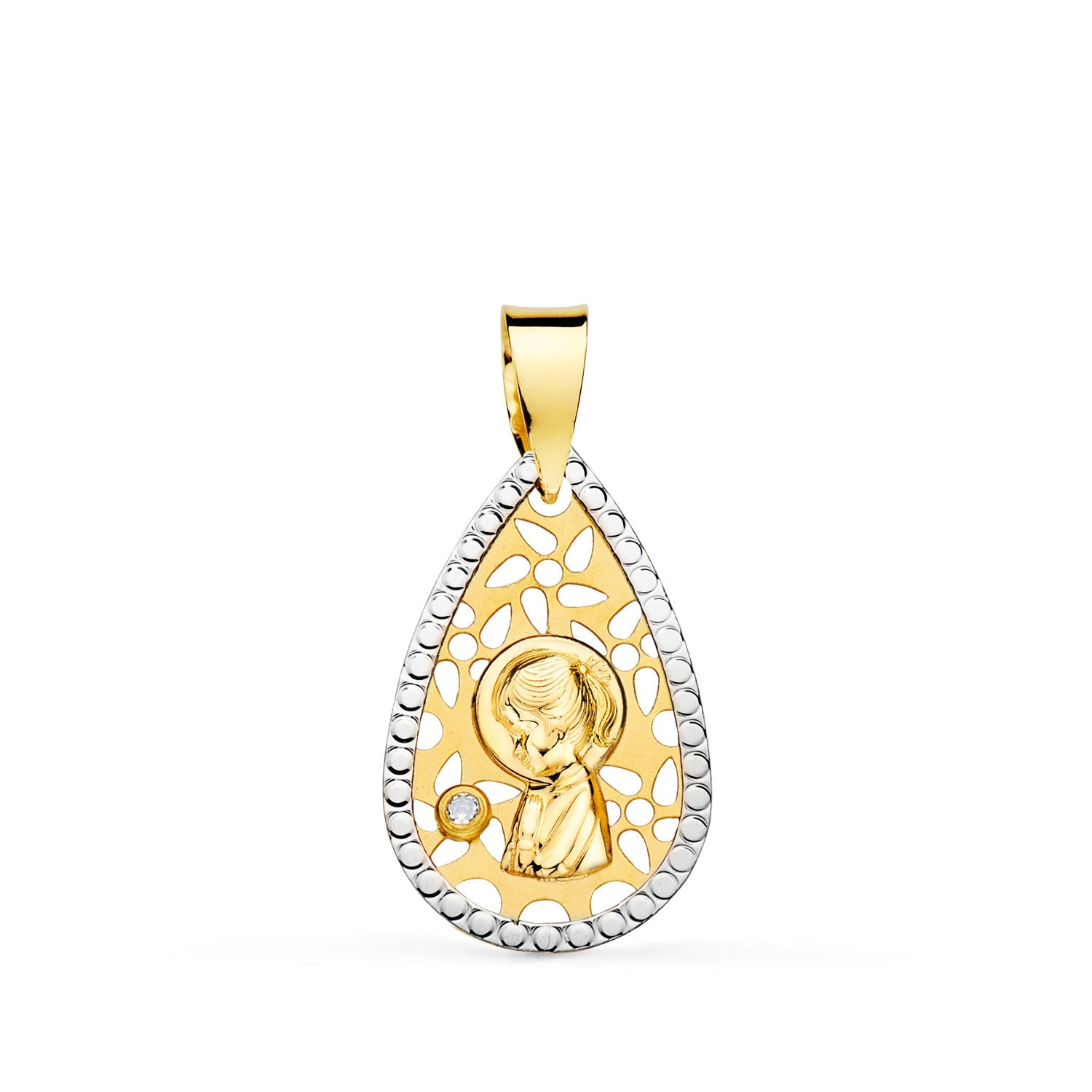 18K Bicolor Gold Medal Virgin Girl Hollow Carved Edges 19x12 mm