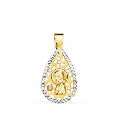 18K Two-Tone Gold Medal Virgin Girl Openwork Carved Edges 19x12 mm